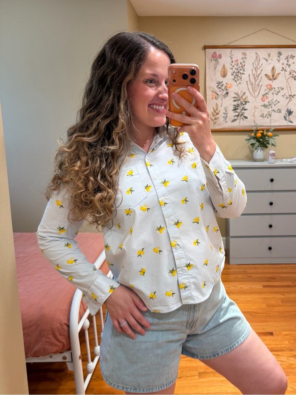 Banana Republic Quinn Blue Button-Up Shirt with Yellow Lemon Print